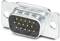 A silver, rectangular plug with nine golden pins, typical of serial ports, on a white background.