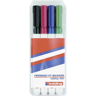 Four permanent markers in Black, Red, Blue and Green in a transparent packaging with 'PERMANENT MARKER edding 400' label.