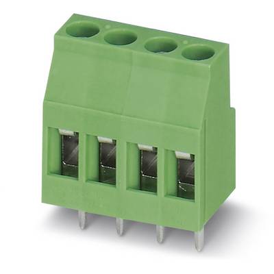Green three-pole connector with silver contacts, used for electrical connections on printed circuit boards.