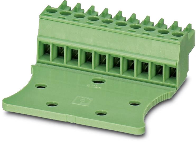 Green screw terminal block with ten connections, used for electrical connections and circuit construction.