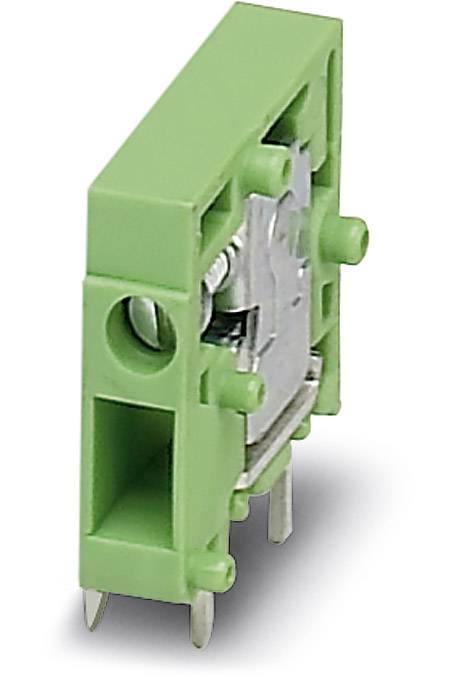 Green electrical connector with four pins, side view shows internal components and rectangular shape.