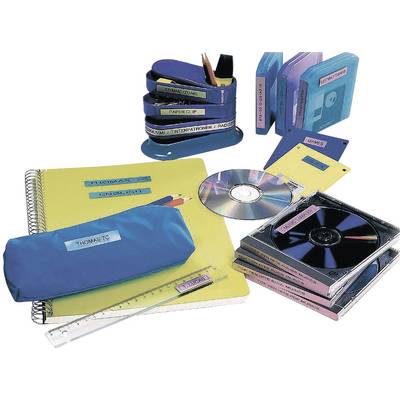 Office supplies on a desk: lever arch files, notebooks, CDs in cases, a pencil case with pens, and a ruler. Everything is labelled.