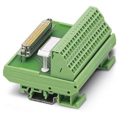 Green electric connector module with multiple terminals and a side switch, used for wiring in control cabinets.