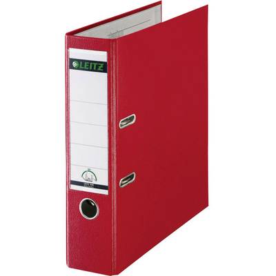 Red lever arch file with side labelling sticker featuring the Leitz logo, revealing a spine label for contents overview.