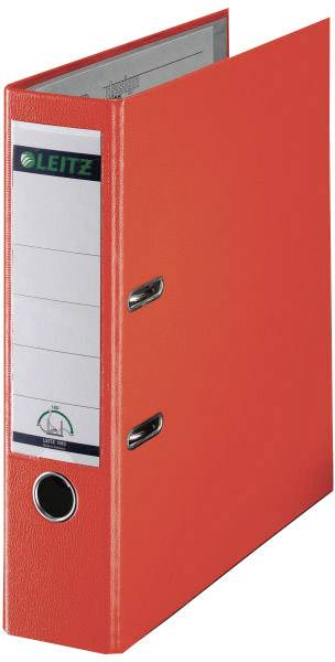Red Lever Arch File by Leitz with label for writing and lever mechanism. Ideal for document organisation.
