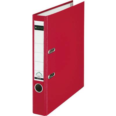 Red folder with silver clips and a labelling sticker on the side.
