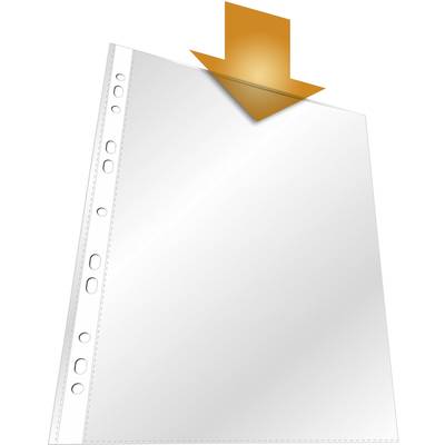 'Clear plastic sleeve with an orange arrow above, pointing to the top edge.'