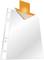 An orange arrow points downwards to an empty, transparent document sleeve with a hole-punched margin on the left side.