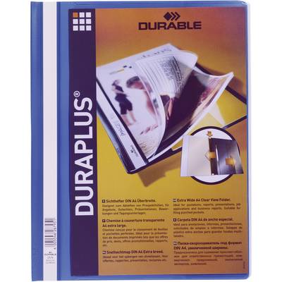 Transparent Sleeve DIN A4 with a clear front and yellow background. Brand text 'Durable', product illustrations and functions described.