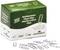 Green packaging with the inscription 'Paper Clips, 1000 pieces, 26 mm, galvanised'. Individual paperclips are laid out in front.
