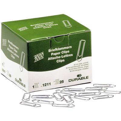 A green box containing 1000 paperclips from the 'Durable' brand. Several paperclips are scattered loosely in front of the box.
