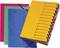 Multi-coloured set of ring binders, colour-coded. In the foreground, a yellow folder displaying numbered dividers.