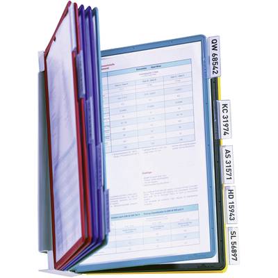 An open document folder with multiple coloured divider tabs displays tables with data and text on the visible pages.