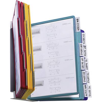 Several colourful display boards in a stand; each board contains technical drawings with various labels on the side.