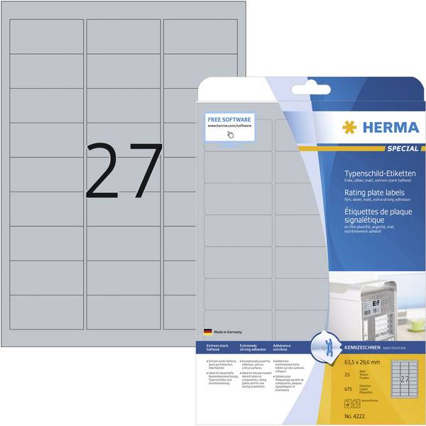 Herma 4222 Nameplates 63.5 x 29.6 mm Polyester film Silver 675 pc(s) Permanent adhesive Laser printer, Copier, Manual labeling