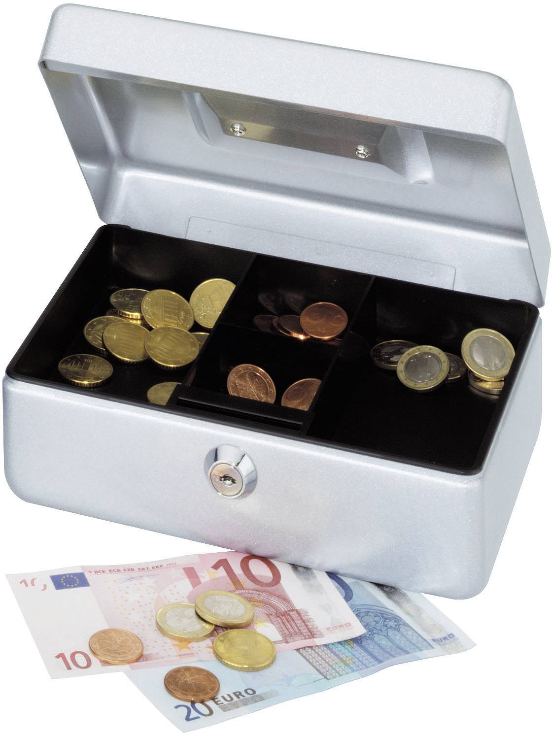 An open metal cash box with various coin compartments. In front of the cash box are several euro banknotes and coins.