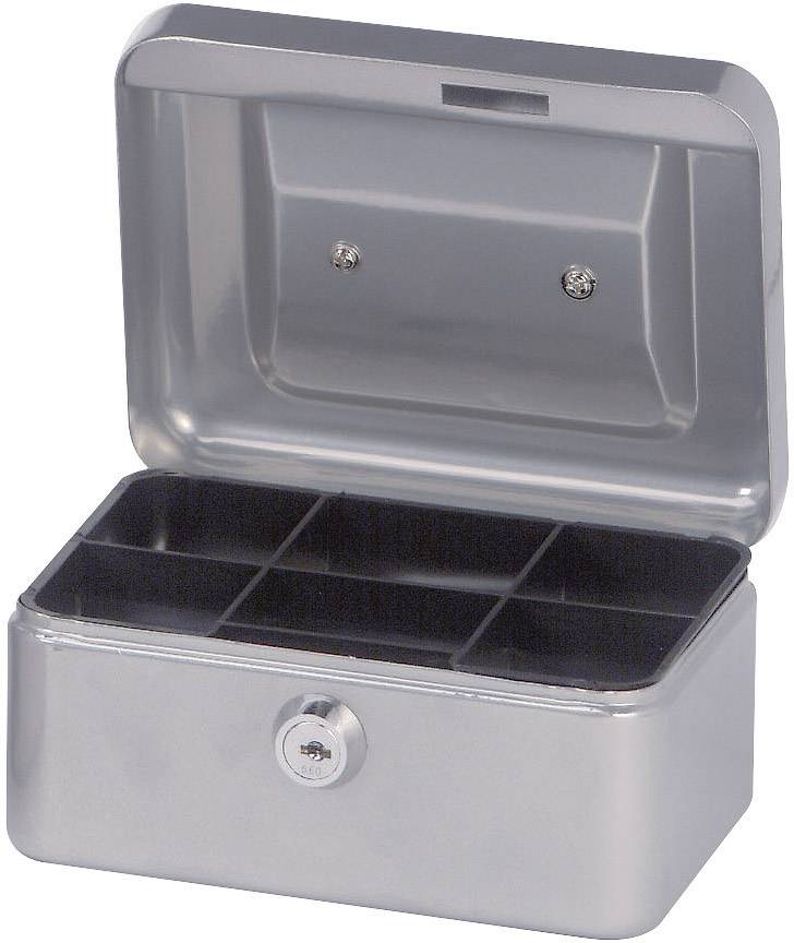 Grey metal cassette with an open lid and six compartments inside, fitted with a lock on the front.