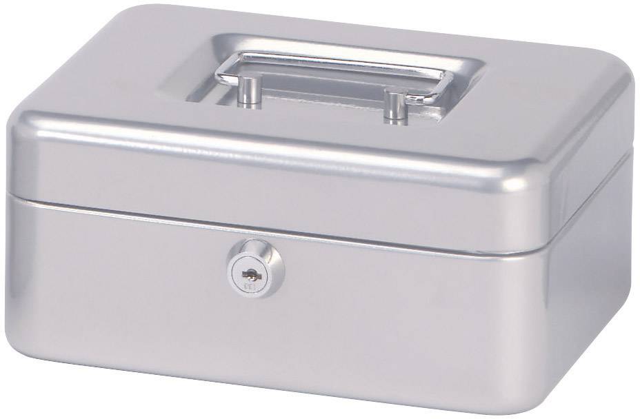 Silver metal case with lock and carry handle on top, closed.