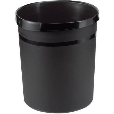 A black, cylindrical waste bin made of plastic stands upright.
