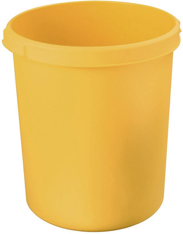 A vacant, yellow plastic rubbish bin stands upright.