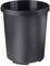 A black plastic dustbin in a cylindrical shape, without a lid and handles.