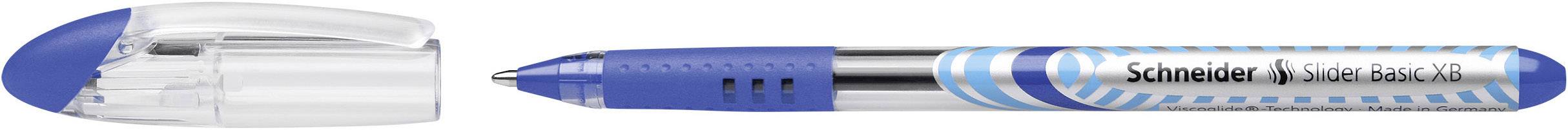 Blue ballpoint pen with a transparent grip and 'Schneider Slider Rave XB' text on the barrel.