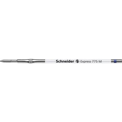 A silver ballpoint pen with a blue cap and black tip. On the pen it reads: 'Schneider Express 775 M'.