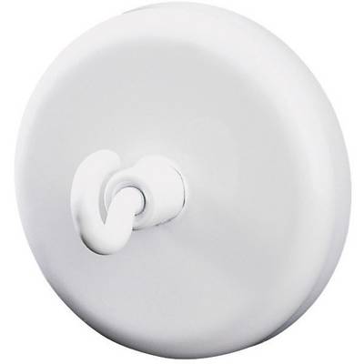 A round, white wall hook with a simple, smooth surface.