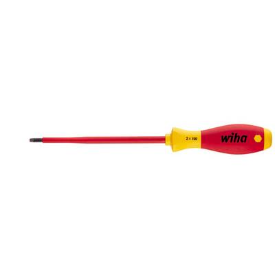 A flat screwdriver with an insulated, red handle and yellow accent, by the brand Wiha, suitable for work on electrical devices.