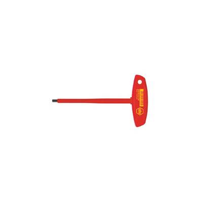 Red T-handle screwdriver with long shaft. Yellow brand logo and lettering on the handle. Used for hexagon socket screws.