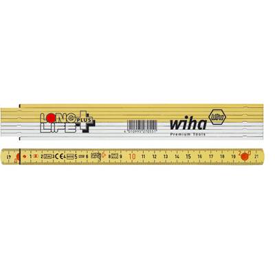 A yellow folding ruler with centimetre and inch markings, brand name 'Wiha' and 'Longlife Plus Wahls'.