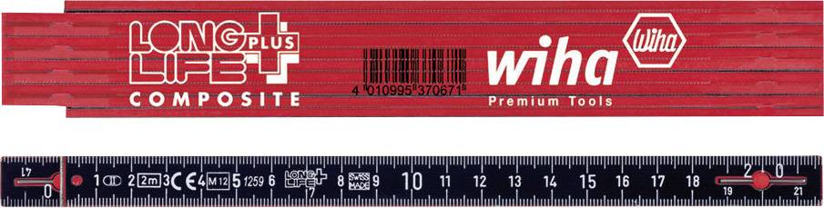 'Wiha' folding ruler, red with white markings and print 'LONG LIFE PLUS'. Measurements in centimetres and inches.