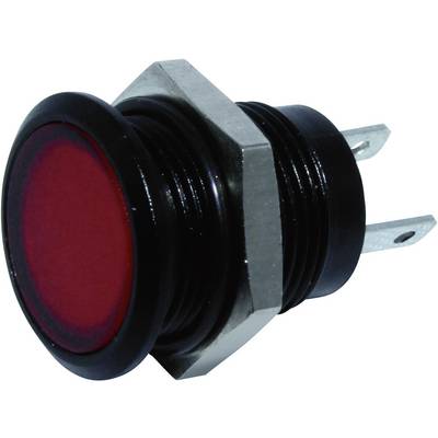 Red push button with a round black border, side view. Two metal contacts visible, suitable for electrical circuits.