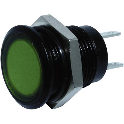 A green push button switch with a black border and two metal pins in the background.