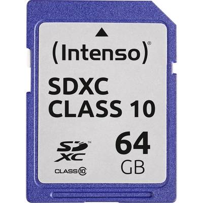 Intenso SD card with 64 GB capacity, SDXC Class 10. Suitable for cameras and other devices with high storage requirements.