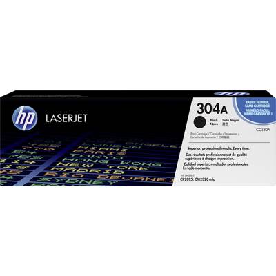 'HP LaserJet 304A black toner cartridge. List of compatible printer models. Multilingual note on professional print quality.'