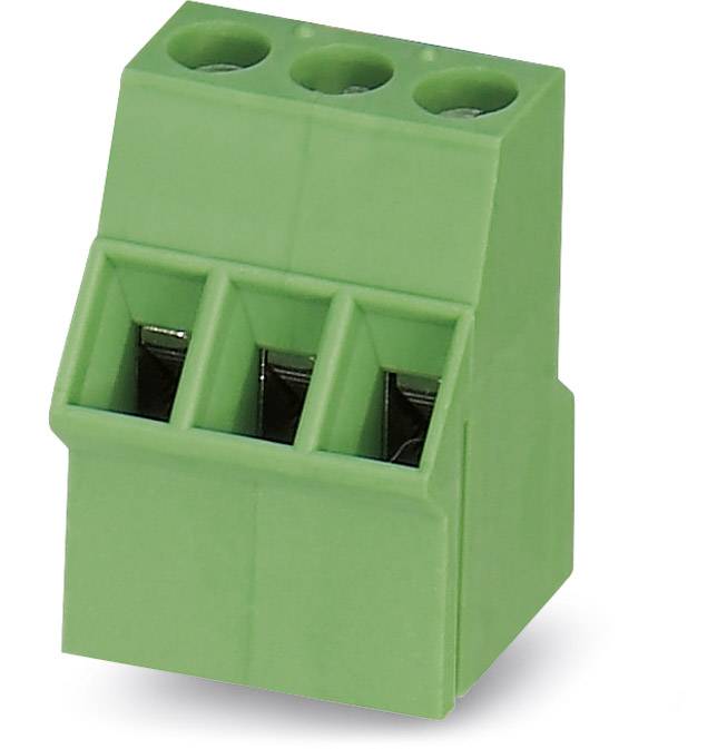 Green three-pole connector with angled housing and exposed terminals, for electrical connection of devices.