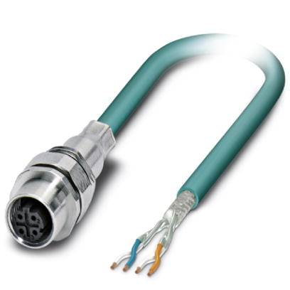 Green network cable with metallic plug and exposed wires at the other end, suitable for industrial applications.