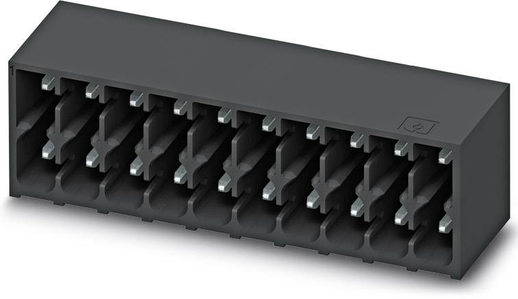 Black, rectangular plug connector with multiple metal contacts arranged in two rows. Typically used for electronic connections.