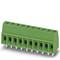 Green electrical connector with eight pins, suitable for use on a circuit board. The design is rectangular with top screw terminals.