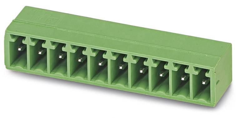 Green, rectangular connector with ten terminals in a single row.