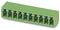 Green, rectangular connector with ten terminals in a single row.
