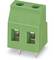 Green two-pole connector with two terminals and metallic plug contacts. Suitable for electrical connections.
