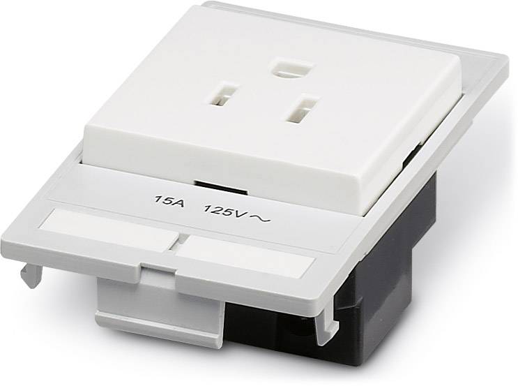 Double socket with two plug spaces and the marking '15A 125V'. Suitable for installation in a wall or control panel.