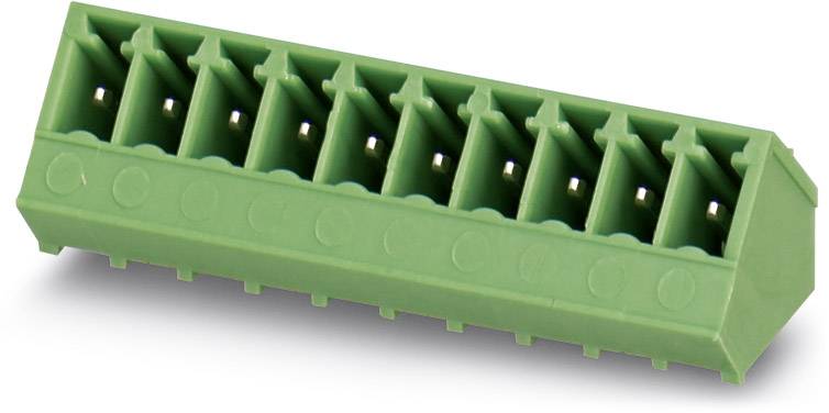 Green connector with eight terminals, suitable for electrical wiring and printed circuit board mounting.