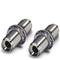 Two metallic coaxial plug adapters lie side by side, each with a thread and a hexagonal central section for securing.
