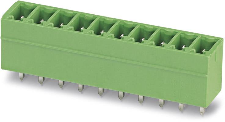 Green connector with ten terminals, for PCB mounting.