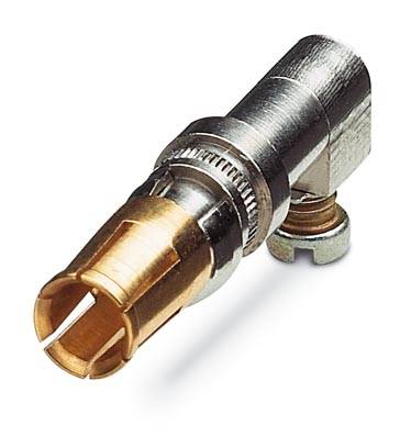 A coaxial plug with a metal casing. It connects cables for the transmission of high-frequency signals in audio and video applications.