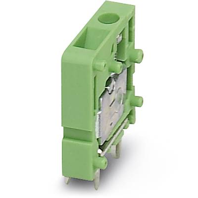 Green electronic component with metal contacts, standing vertically. Primarily used for printed circuit board connections in electronic applications.