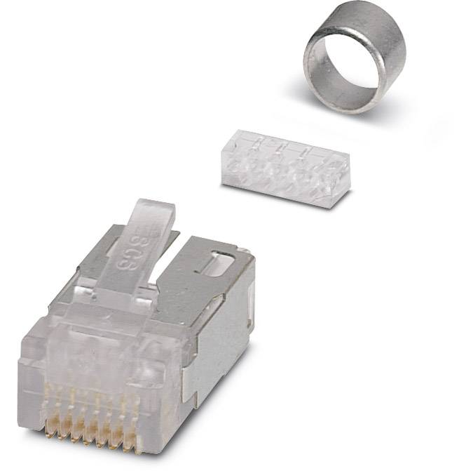 Pictured are an RJ-45 plug, a metal ring, and a small transparent terminal block on a white background.